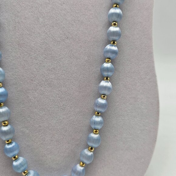 Vintage Blue Satin Bead Necklace With Gold Tone Spacers No Clasp - Picture 3 of 4